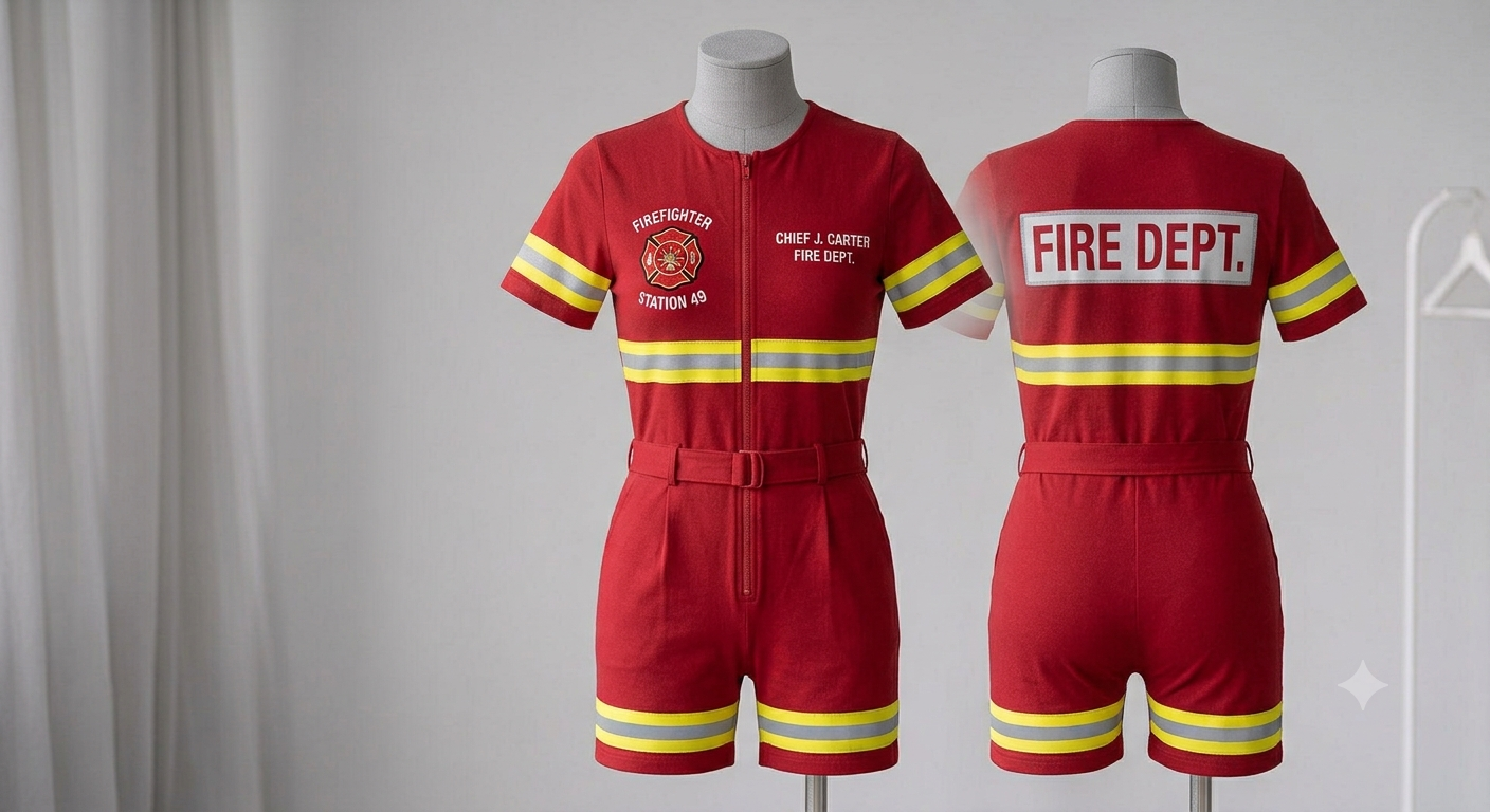 Red firefighter themed costume with reflective yellow stripes