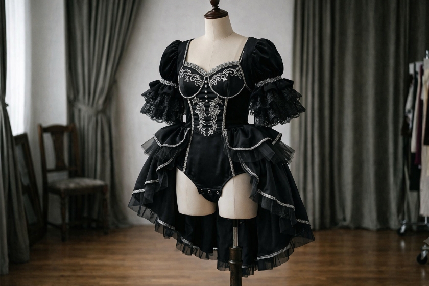 Black gothic costume with layered ruffles and silver embroidery