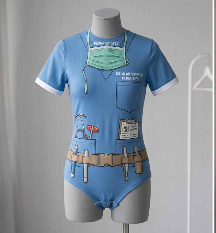 Blue pediatric doctor themed costume with mask and medical accessories