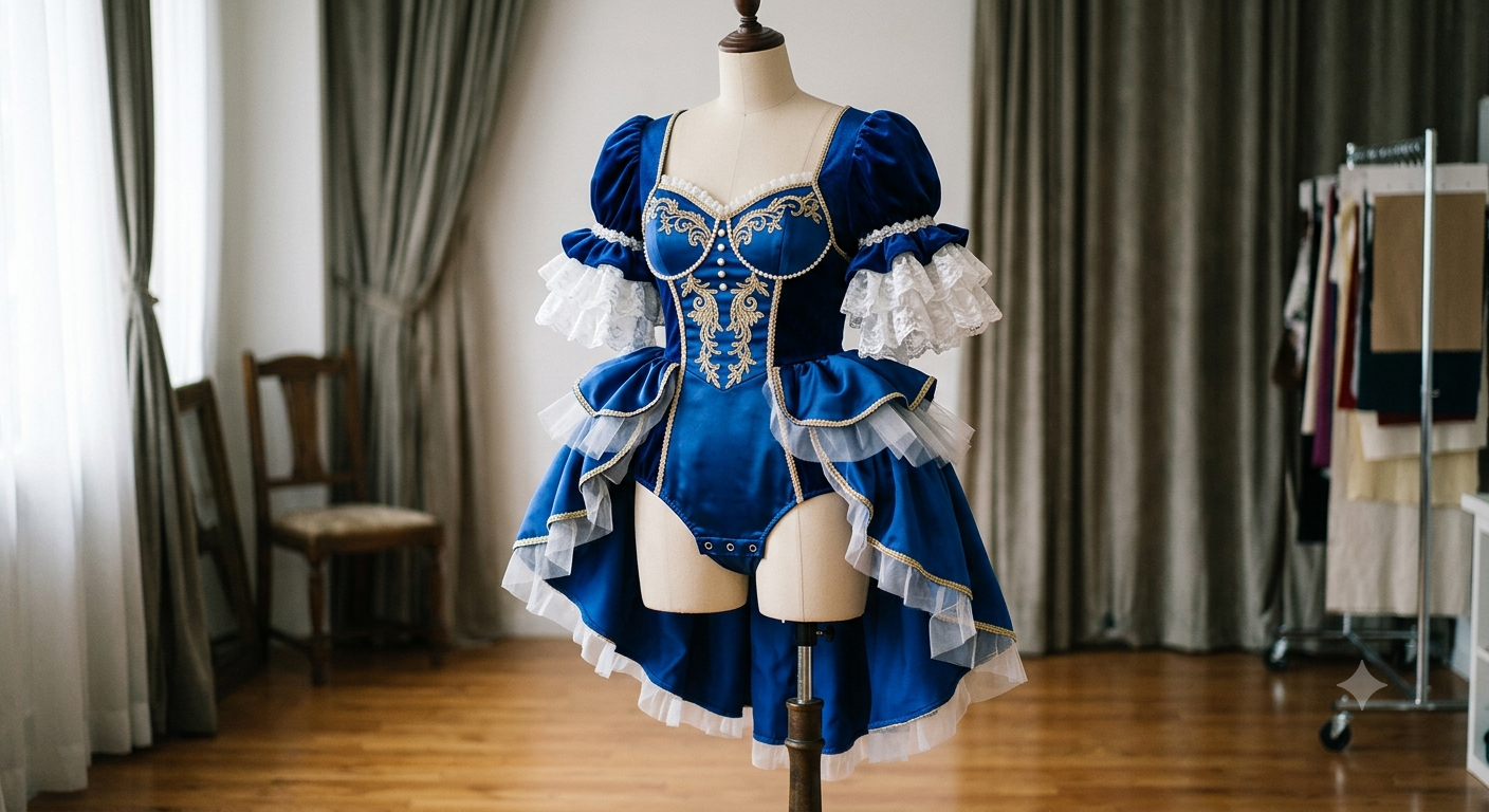 Royal blue fantasy costume with gold embroidery and white ruffles
