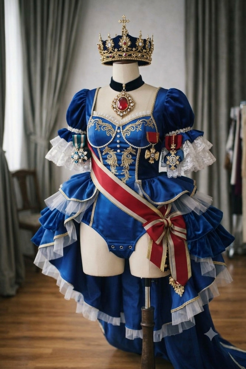 Royal blue queen costume with crown, sash, and decorative medals