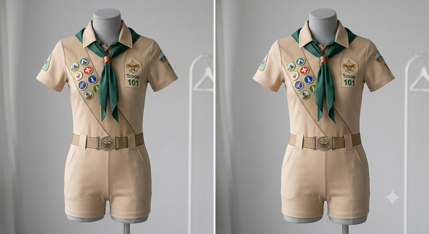 Tan scout adventure themed costume with green neckerchief and badges